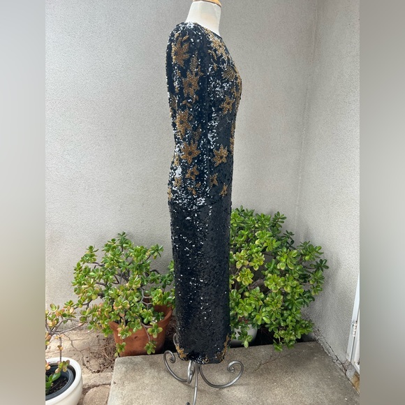 Vintage Sho Max gorgeous beaded sequins dress black bronze floral Sz M - Picture 4 of 12